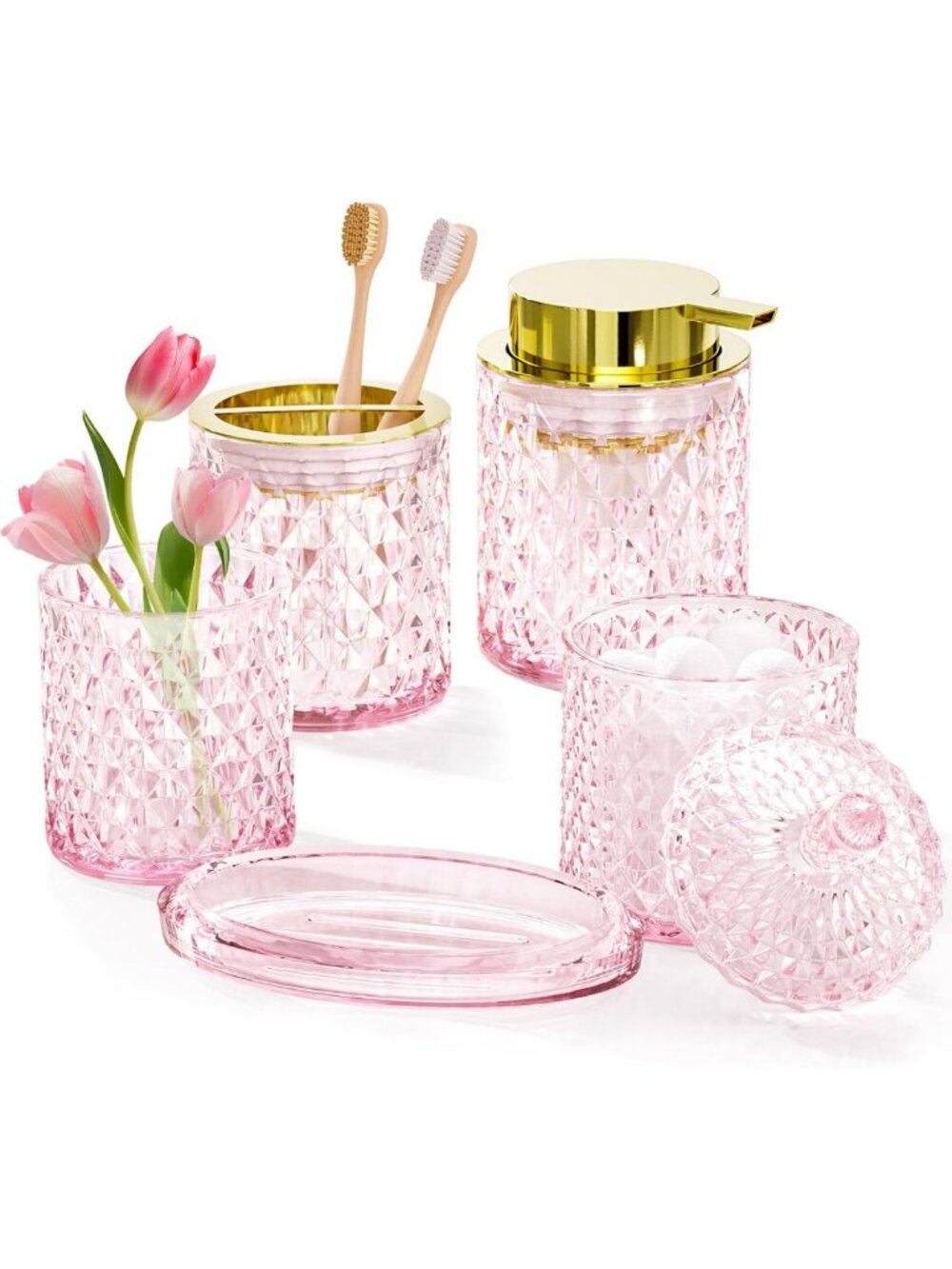 Chic 5-Piece Pink Glass Bathroom Accessories Set for Vanity Decor & Organization